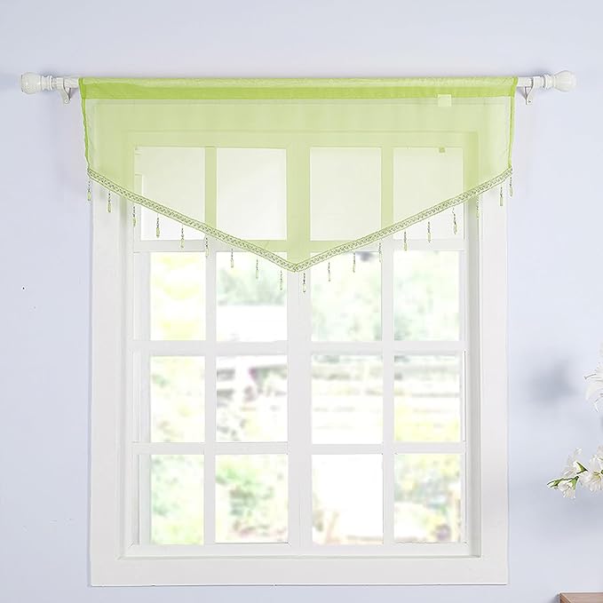Molaxhome Swag Curtain 51 inch Length Rod Pocket Scalloped Curtain Valance Sheer Lace Panels with Hanging Crystal Beads for Kitchen Bedroom Window Treatments Drape Decor 1pc (Green, 51Wx23L)