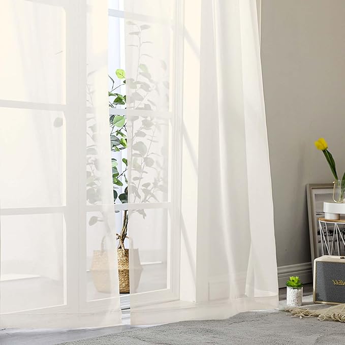Extra Long Sheer Cream Curtains for Bedroom Living Room 108 Inches Long 2 Panels Set, Solid Soft Light Filtering Rod Pocket Sheer Window Curtains, Cream, Each 42" Wx108 L Inch