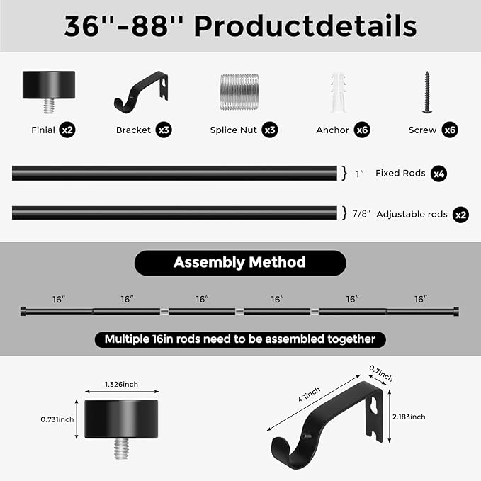 VOIIY Curtain Rods for Windows 48 to 84 Inch(4-7 Feet),Black 1'' Diameter Drapery Rods with End Cap Style Design,Modern Adjustable Heavy Duty Curtain Rod,Size:36''-88''
