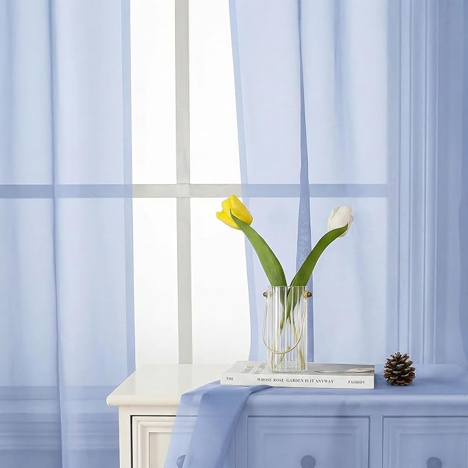 Lecloud Denim Blue Sheer Curtains 96 Inches Long 2 Panels, Rod Pocket Light Filtering Window Curtains for Living Room Bedroom Dining Room, Voile Airy Elegant Balcony Drapes, Each Panel 42" W x 96" L