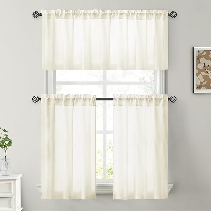 HOMEIDEAS Non-See-Through Cream Yellow Privacy Sheer Kitchen Curtains, 30 X 36 Inches Long 2 Panels Short Sheer Curtains Light Filtering Bathroom Window Drapes for Bedroom Living Room
