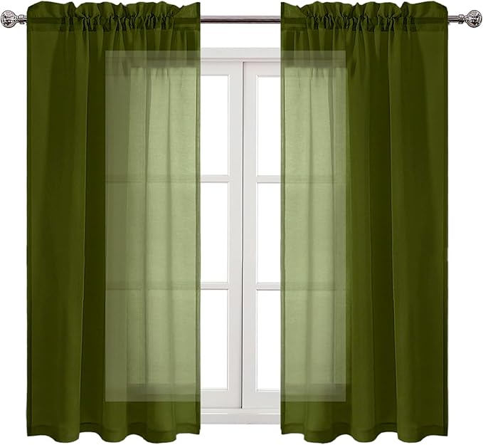 DWCN Olive Green Sheer Curtains Semi Transparent Voile Rod Pocket Curtains for Bedroom and Living Room, 42 x 54 inches Long, Set of 2 Panels