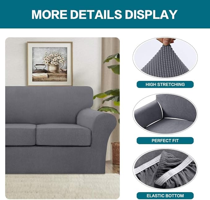 Turquoize 4 Piece Sofa Covers for 3 Cushion Couch Sofa Slipcover Soft Couch Cover for Dogs Washable Furniture Cover with 3 Individual Large Cushion Covers Feature Fabric (Large Sofa, Charcoal Gray)