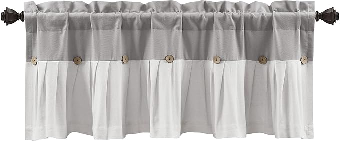 Lush Decor Linen Button Farmhouse Valance Curtians 84"W x 18"L Gray & Off White - Linen Valances For Windows - Kitchen Curtains Valances