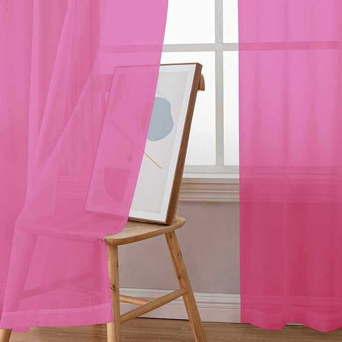 Simplebrand Hot Pink Sheer Curtains 84 Inches Long, Light Filtering Rod Pocket Solid Color Window Sheer Curtain Panels, Elegant Curtains & Drapes for Living Room, Bedroom 2 Panels 42" W x 84" L