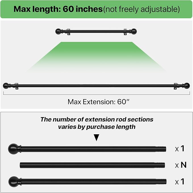 Black Curtain Rods for Windows 28 to 60 inch, Adjustable Curtain Rod Set with Brackets Easy Install, Decorative Slender 5/8 Diameter Drapery Rod, Heavy Duty Drape Pole for Living Room, Bedroom