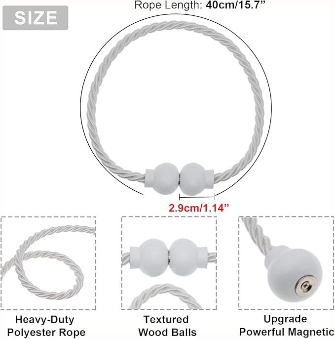 2 Pack Magnetic Curtain Tiebacks Modern Handmade Rope Curtain Tie Backs Decorative Drapes Weave Holdbacks for Home Outdoor Bedroom Office Decorative Curtain, White