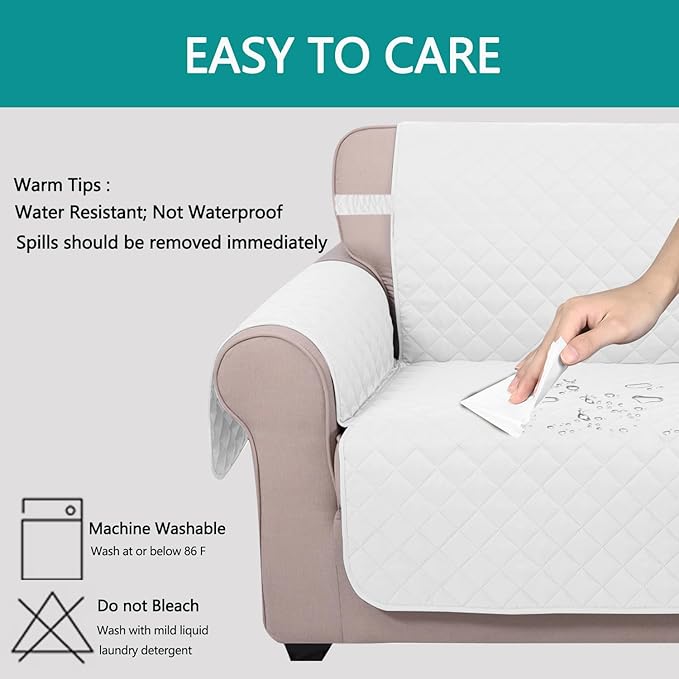 U-NICE HOME Recliner Chair Covers Reversible Quilted Water Repellent Pet Protectors with Elastic Straps (23''Recliner Small, White/White)