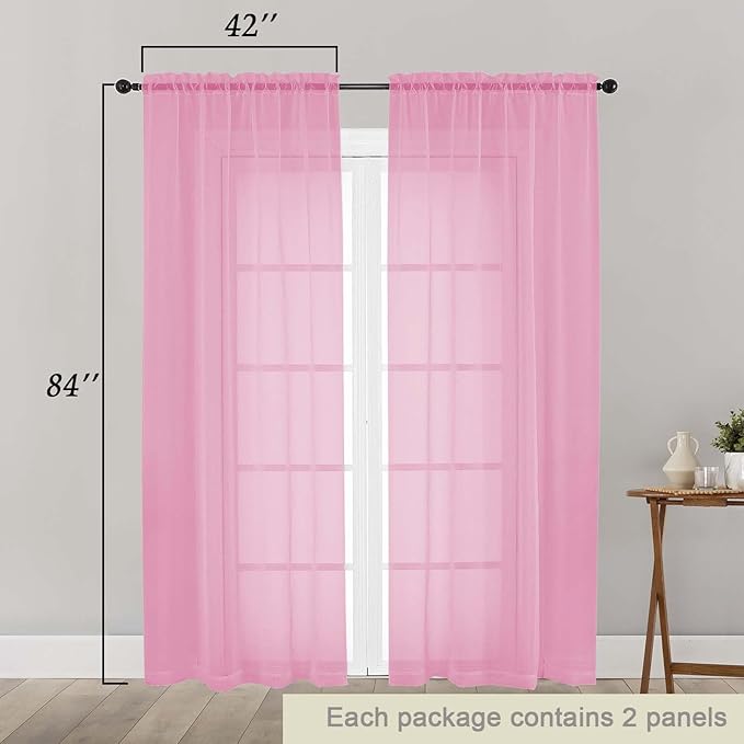 Pink Sheer Curtains 84 Inches Long 2 Panels, Soft Airy Light Filtering Curtains for Bedroom Living Room, Modern Rod Pocket Privacy Drapes Window Treatments, Pink, Total Wide 84 Inch