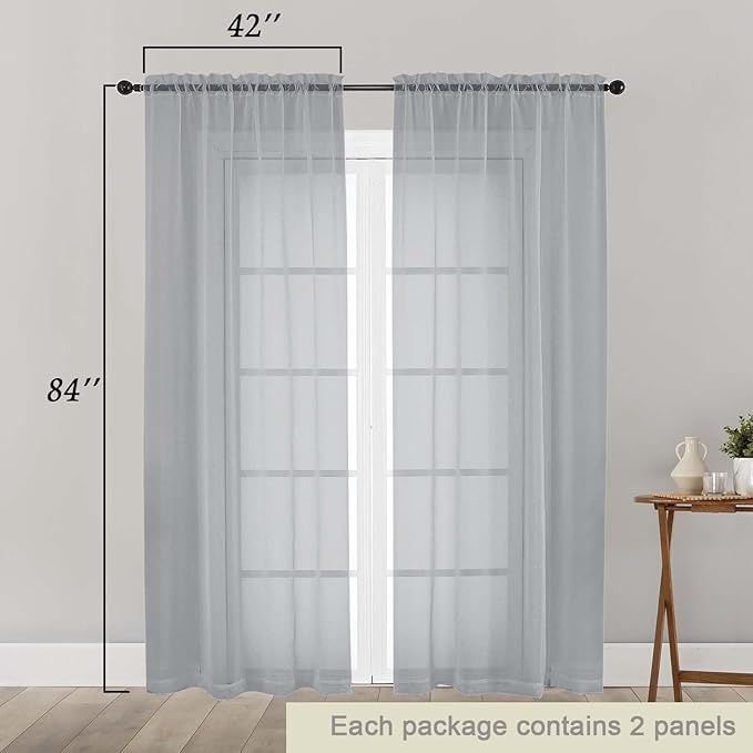 Light Grey Sheer Curtains 84 Inches Long 2 Panels, Soft Light Filtering Curtains for Bedroom Living Room, Modern Rod Pocket Privacy Drapes Window Treatments, Light Grey, Total Wide 84 Inch
