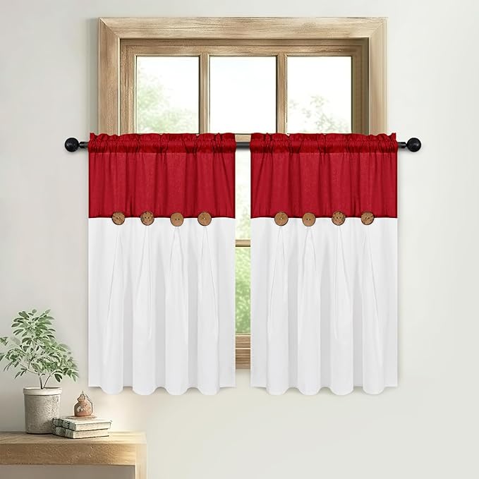 FRAMICS Farmhosue Kitchen Curtains 36 Inch Length, Rustic Cotton Linen Tier Curtains, Boho Button Short Curtain for Windows, Rod Pocket Small Window Curtain, Red and White, 26x36