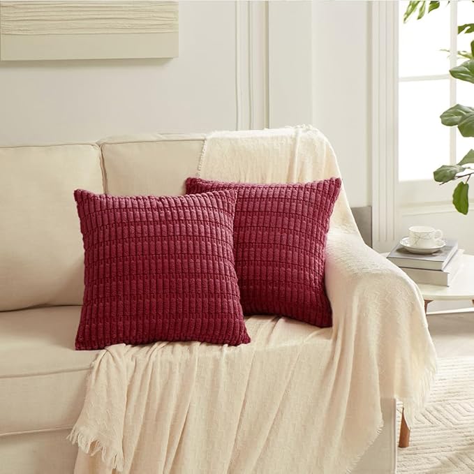 Fancy Homi 4 Packs Burgundy Decorative Throw Pillow Covers 24x24 Inch for Living Room Couch Bed, Holiday Christmas Home Decor Gift, Soft Plush Corduroy Cute Square Accent Cushion Case 60x60 cm