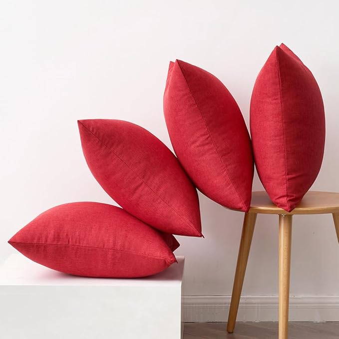 MIULEE Pack of 4 Decorative Solid Waterproof Throw Pillow Covers Linen Garden Farmhouse Cushion Cases for Outdoor Patio Tent Balcony Couch Sofa 16x16 inch Red