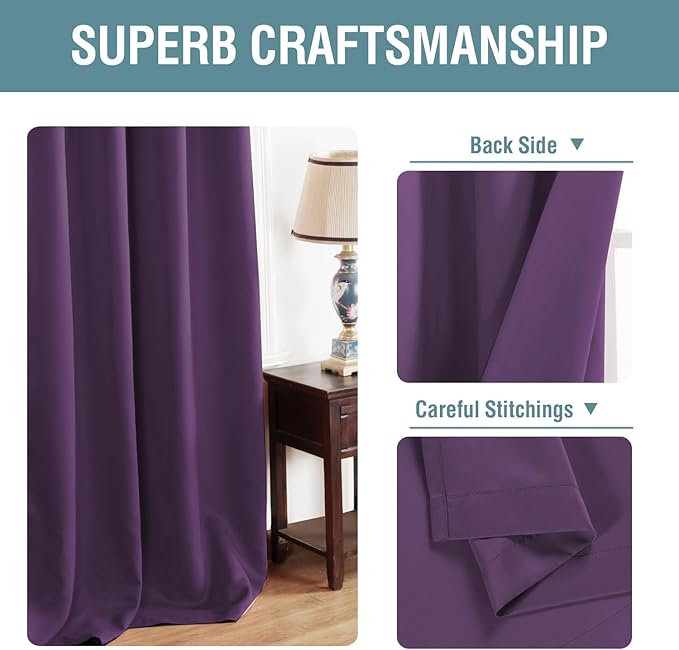 H.VERSAILTEX Blackout Curtains 63 Inch Length Purple Drapes Curtains Elegant for Living Room, Thermal Insulated Small Curtain for Winter/Christmas Holiday, Grommet Top, One Panel, 52" W x 63" L