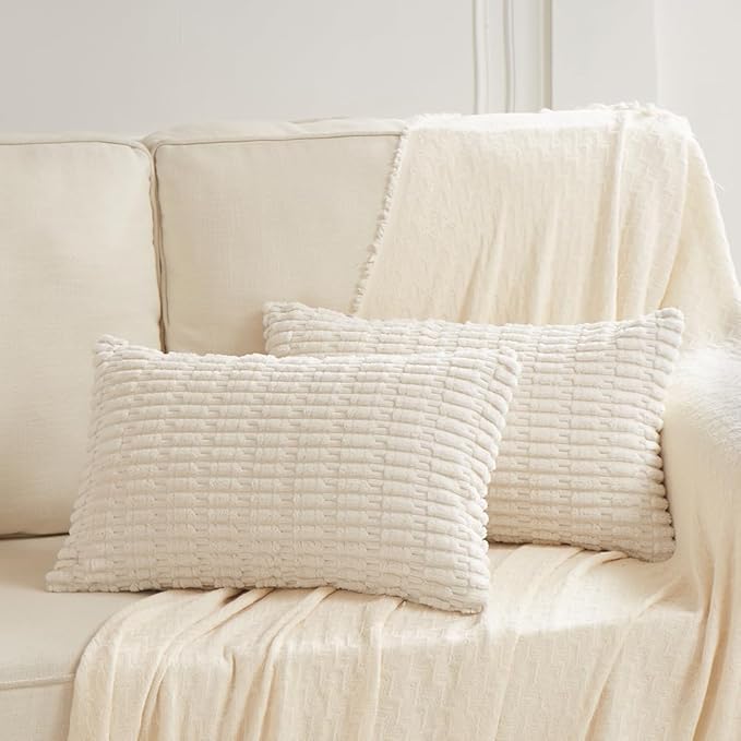 Fancy Homi 4 Packs Boho Cream Decorative Throw Pillow Covers 14x24 Inch for Living Room Couch Bed Sofa, Rustic Modern Farmhouse Home Decor, Soft Plush Corduroy Beige Cute Square Cushion Case 35x60 cm