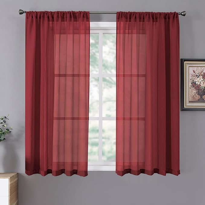 Tollpiz Short Sheer Curtain Linen Textured Bedroom Curtains Sheer Light Filtering Rod Pocket Voile Curtain for Living Room, 54 x 54 inches Long, Burgundy Red, Set of 2 Panels