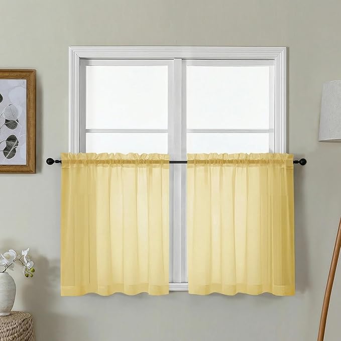 Gwine Short Kitchen Sheer Curtains 24 Inch Length - Light Filtering Voile Small Half Window Curtain for Basement, Rod Pocket Cafe Curtains for Bathroom Cabinet, 42Wx24L Inch, 2 Panels, Yellow