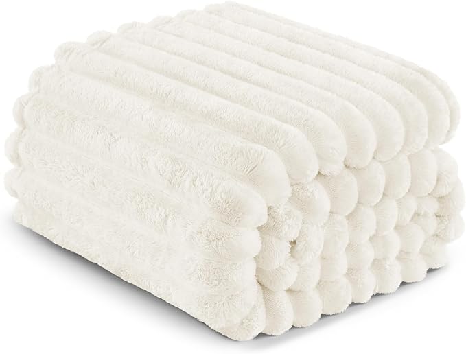 Exclusivo Mezcla Twin Size Flannel Fleece Blanket, Super Soft Striped Jacquard Bed Blanket, Lightweight Fuzzy Cozy for All Seasons, 60x80 Inches, Ivory