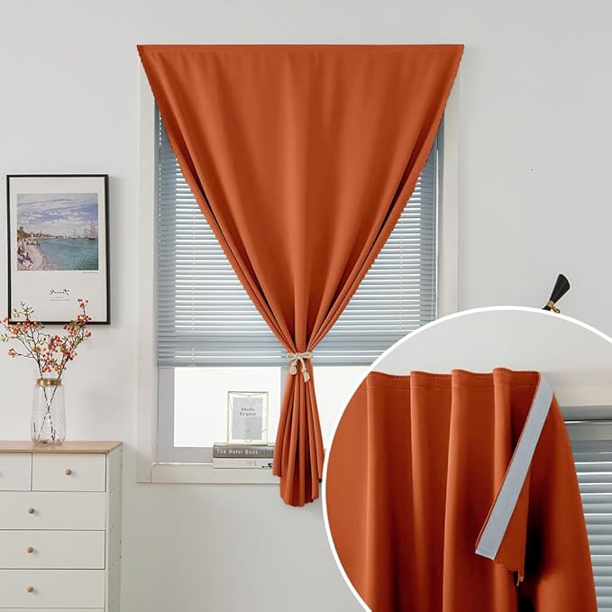 Self Adhesive Curtains Portable Blackout Curtain Simple and Easy to Install Bedroom Window Thermal Lnsulated Kitchen Room Darkening Black Small Drapes, 47" W X 84" L, Orange, 1 Panel