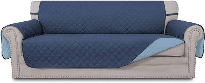 Easy-Going Reversible Couch Cover for 3 Cushion Couch Sofa Cover for Dogs Water Resistant Furniture Protector Cover with Foam Sticks Elastic Straps for Pet Cat (Sofa, Dark Blue/Light Blue)