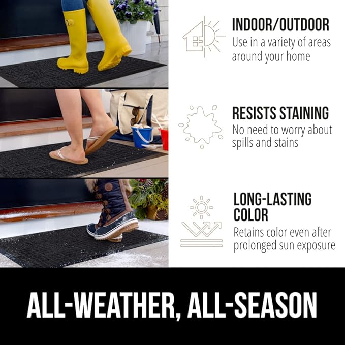 GORILLA GRIP 100% Waterproof All-Season WeatherMAX Doormat, 58x34, US Designed Natural Rubber, Stain and Fade Resistant, Low Profile Indoor Outdoor Door Mats, Easy Clean Patio Mat, Black Maze