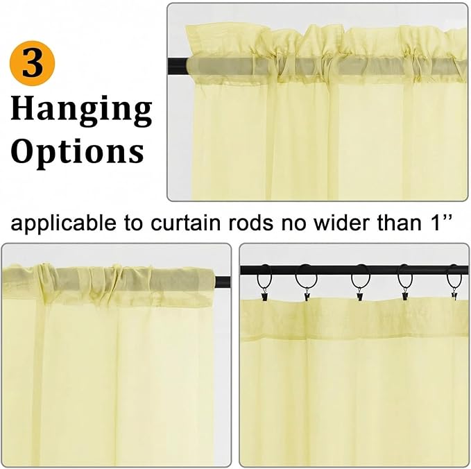 Gwine Light Yellow Sheer Curtains 72 Inches Long 2 Panels Set, Light Filtering Sheer Curtains for Living Room, Rod Pocket Window Treatments Drapes, Each 42Wx72L