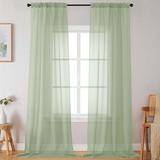 Extra Long Sheer Light Green Curtains for Bedroom Living Room 108 Inches Long 2 Panels Set, Solid Soft Light Filtering Rod Pocket Sheer Window Curtains, Light Green, Each 42" Wx108 L Inch