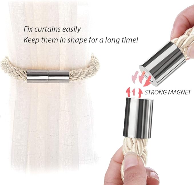NICEEC 2 Pack Strong Magnetic Curtain Tiebacks Modern Simple Style Drape Tie Backs Convenient Decorative Weave Rope Curtain Holdbacks for Thin or Thick Home & Office Window Draperies (Beige)