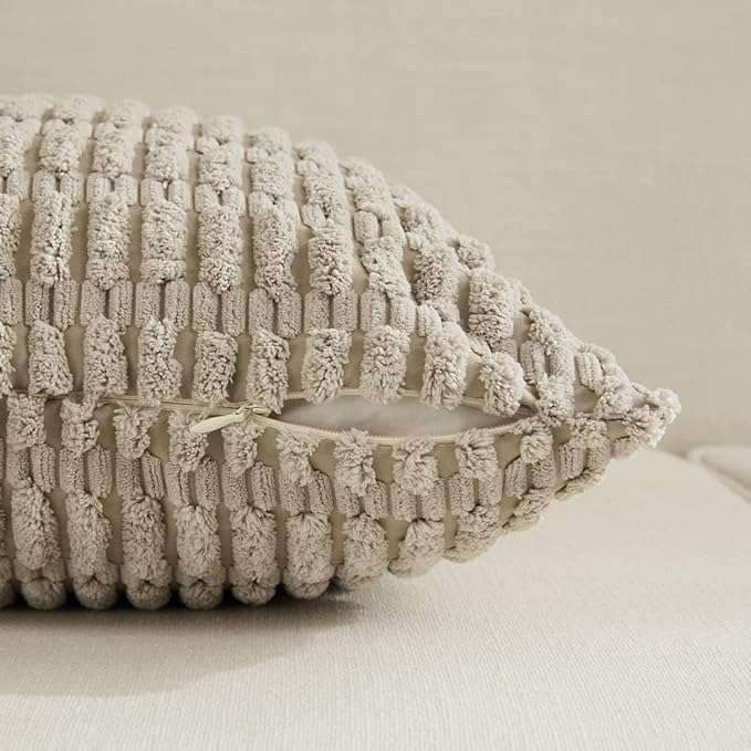 Fancy Homi Set of 4 Grey and White Decorative Throw Pillow Covers 16x16 Inch for Couch Bed Chair, Modern Farmhouse Boho Room Decor, Soft Fuzzy Double Sided Corduroy Textured Striped Cushion Case 40cm