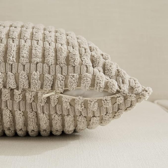 Fancy Homi Set of 4 Grey and White Decorative Throw Pillow Covers 20x20 Inch for Couch Bed Chair, Modern Farmhouse Boho Room Decor, Soft Fuzzy Double Sided Corduroy Textured Striped Cushion Case 50cm