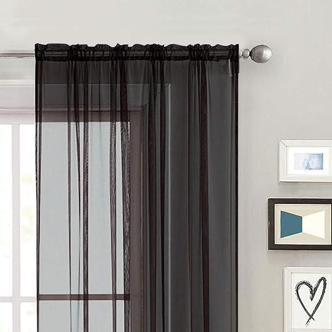 SpaceDresser Black Sheer Curtains 4 Panels Rod Pocket Semi-Sheer Curtain 84 Inches Long Light Filtering Voile Window Drapes for Bedroom Living Room Kitchen, Each 52W x 84L