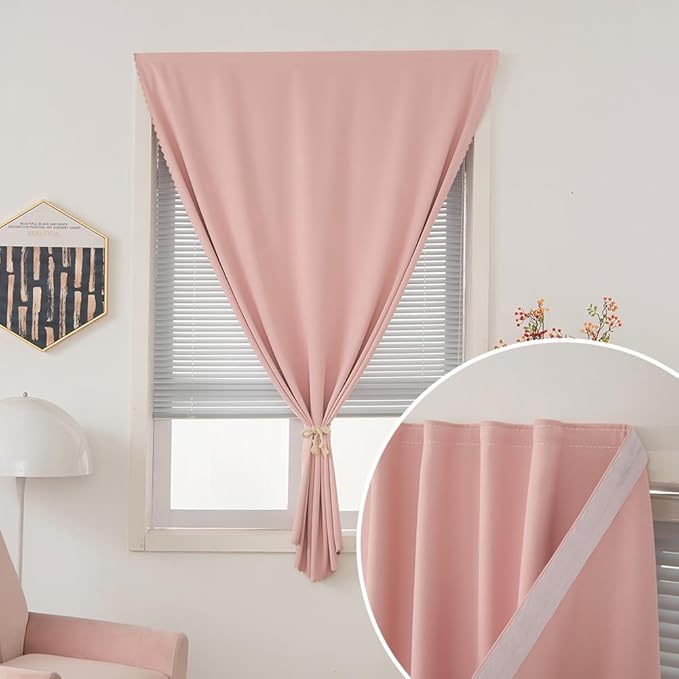 Self Adhesive Blackout Curtains- Stick on Curtains Shades Window Blinds Curtains No Rod Needed Easy to Hang Curtain, Use for Bedroom, Living Room,Roman Shades, 35" W X 79" L, Pink, 1 Panel