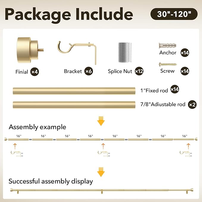 IFELS 2 Pack Heavy Duty Curtain Rods for Windows 66 to 120 Inch, 1 Inch Gold Adjustable Curtain Rod Set with Easy Installation and Modern Design (A1,Gold,30-120",2Pack)