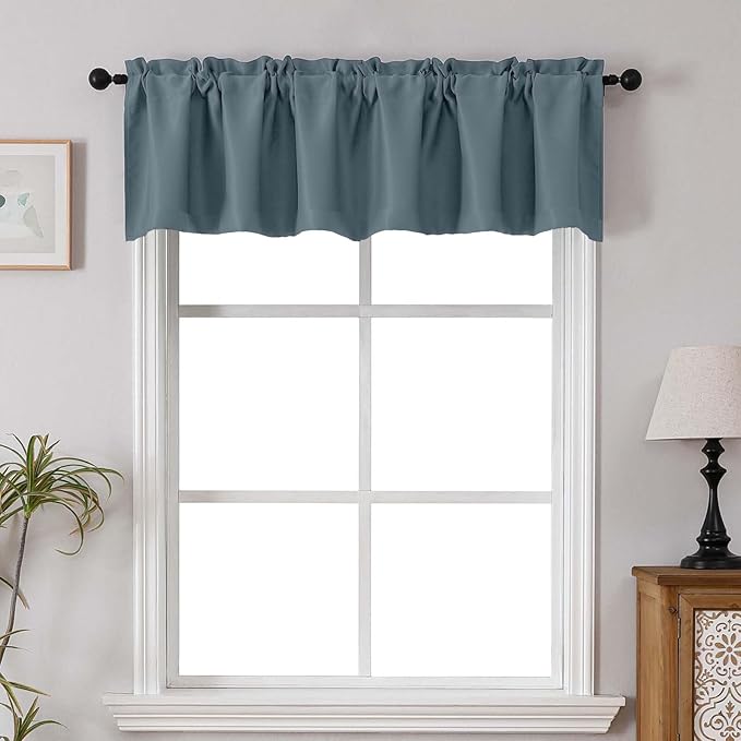 Chyhomenyc Blackout Valances for Windows, Short Window Valance Curtains for Living Room Bedroom Bathroom, Room Darkening Solid Privacy Small Kitchen Valances, 60Wx16L, 2 Pack, Stone Blue