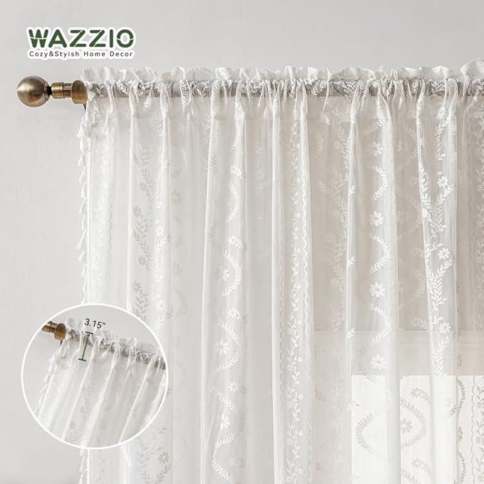 WAZZIO White Boho Lace Curtains 84 Inch -Cute Vintage Victorian Sheer Panel Drape French Country Floral Pattern & Tassel Light Filtering Privacy for Bedroom Dining Living Room,2 Panels,W52 x 84L