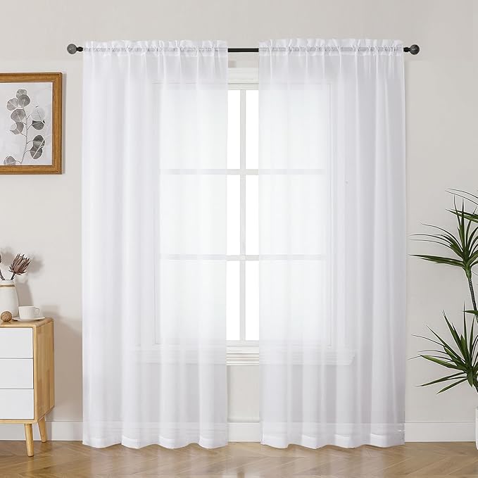 Gwine White Sheer Curtains 72 Inches Long 2 Panels Set for Front Door, Light Filtering Sheer Curtains for Living Room, Rod Pocket Window Treatments Drapes, Each 42Wx72L
