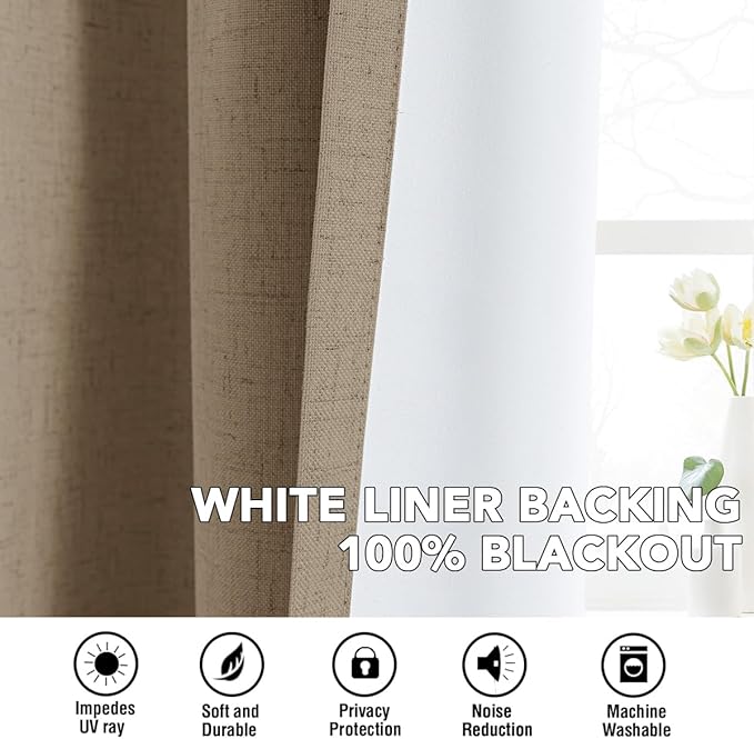 H.VERSAILTEX Linen Curtains 100% Blackout Curtains for Bedroom 84 inch Long Full Light Blocking Nature Linen Blended Window Curtains for Living Room Nickel Grommet (2 Panels, Heathered Macchiato)