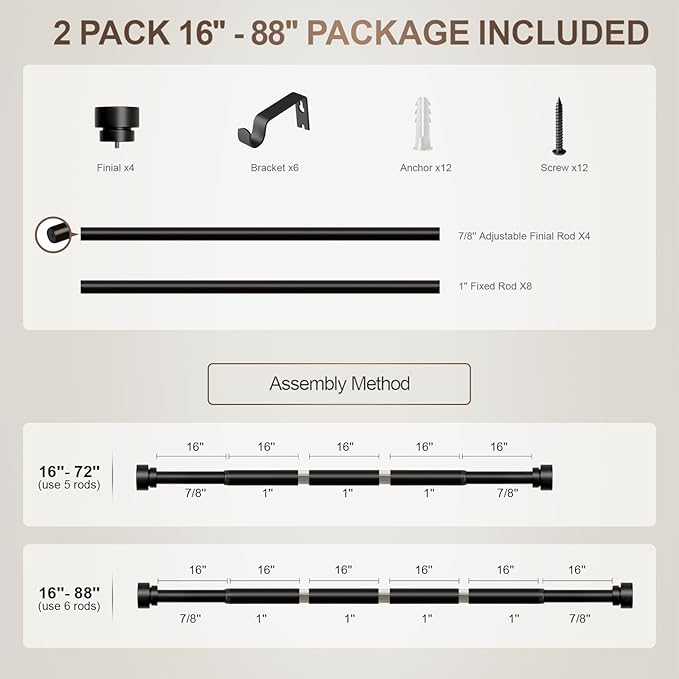 Lootkell Modern Black Curtain Rods Set, 48-84 Inches Adjustable, Heavy Duty 1 Inch Diameter, Decorative Finials, 2 Pack, for Windows, Outdoor, Farmhouse, Bedroom, Kitchen, Living Room