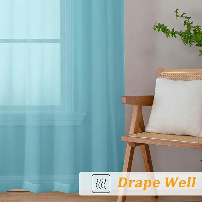 Gwine Sheer Curtains 96 Inches Long - Light Filtering Rod Pocket Window Curtain Panels for Bedroom, Elegant Soft Voile Living Room Sheer Drapes, Each 42Wx96L, 2 Panels, Aqua