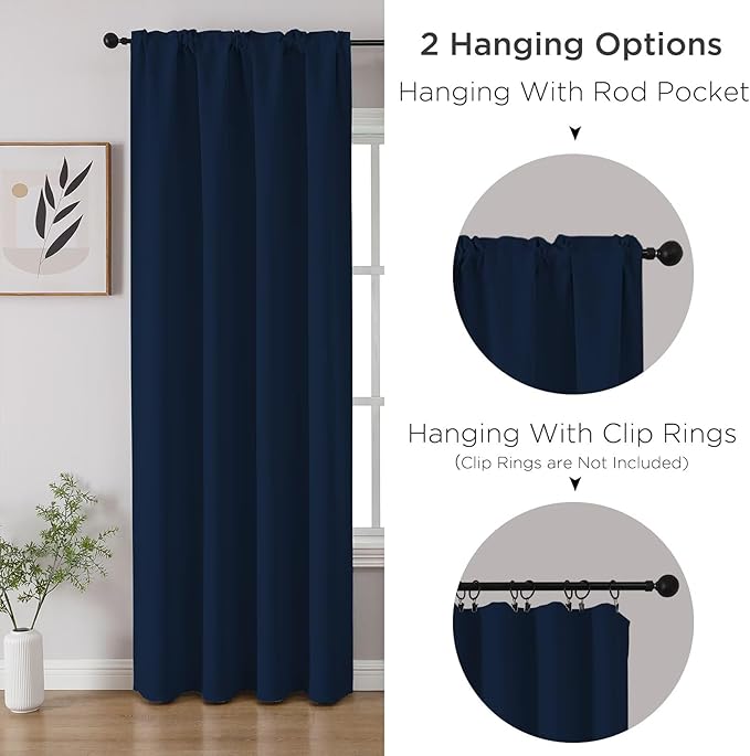 CUCRAF Navy Blue Blackout Curtains 45 inch Length 2 Panels Set, Rod Pocket Room Darkening Drapes for Bedroom Living Room, Insulated Thermal Light Blocking Window Curtain (W52 x L45 Inch)