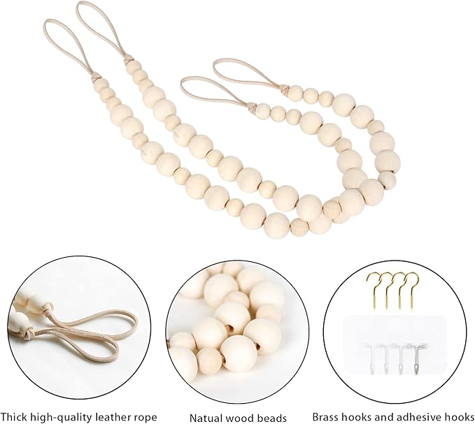OCIOLI 2 Pieces of Wood Bead Curtain Tieback Boho Curtain Tiebacks Curtain Holdbacks for Wall Curtain Ties Curtain Tie Backs with Hooks for Boho Decor Bedroom Decor Nursery Decor (Wood Color,2)