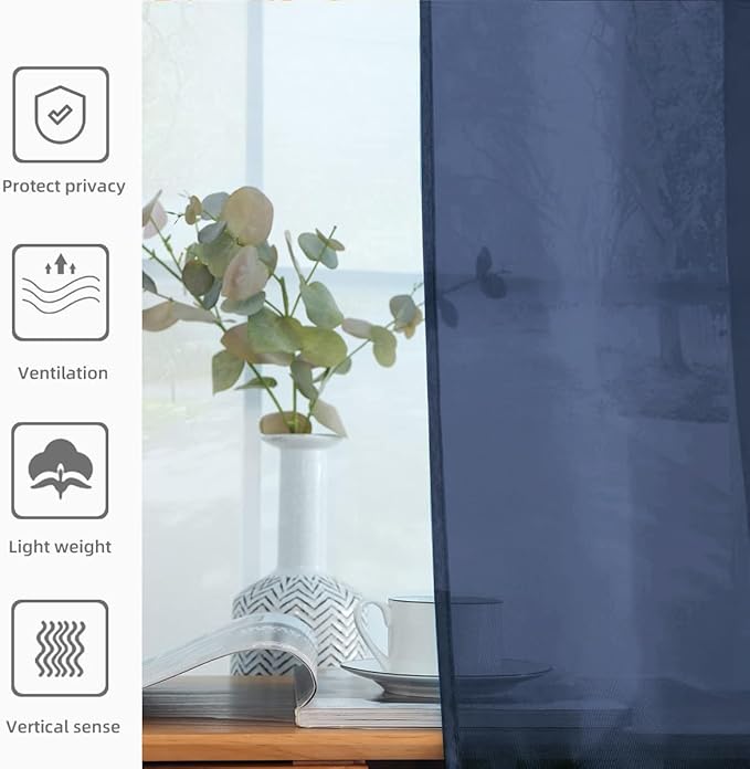 SpaceDresser Sheer Voile Window Treatment Rod Pocket Curtain Panels for Kitchen Bedroom Living Room Drapes Sunlight Filtering Privacy Semi Home Decor Assorted Colors Sizes (Navy, 52 W x 108 L)