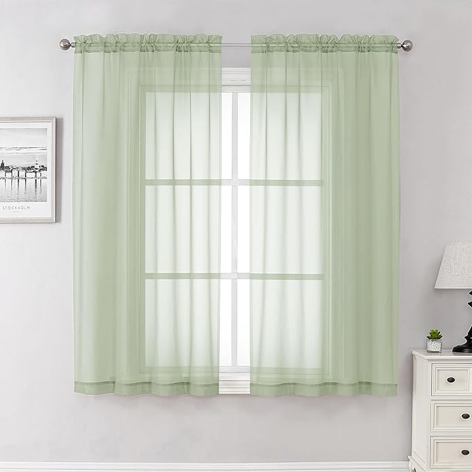 Lecloud Light Green Sheer Curtains 63 Inch Length 2 Panels Set, Elegant Voile Curtains for Bedroom Living Room, Airy Sheer Drapes for Dinning Room with Rod Pocket, Each Panel 42 X 63 Inch