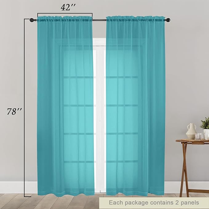 Turquoise Sheer Curtain for Bedroom Living Room 78 Inches Long 2 Panels Set, Solid Soft Airy Light Filtering Sheer Window Curtains, Modern Rod Pocket Door Curtain, 42" Wx78 L Inches