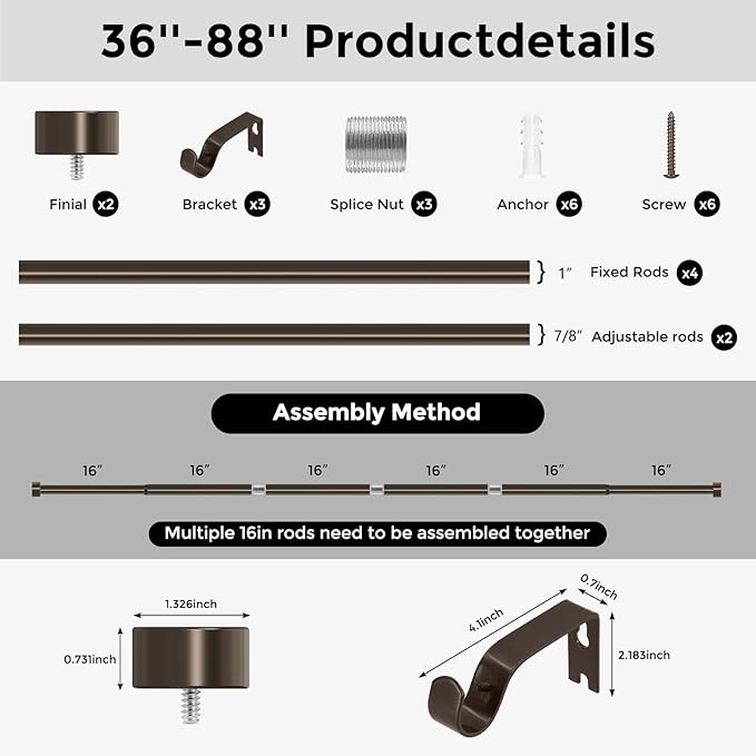 VOIIY Bronze Curtain Rods for Windows 48 to 84 Inch(4-7 Feet),1" Diameter Drapery Rods with Modern Style End Cap Finials,Size:36-88 Inch,Antique Bronze