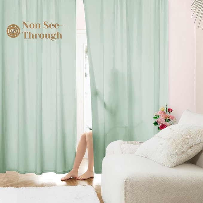 HOMEIDEAS Non-See-Through Sage Green Privacy Sheer Curtains, 52 X 84 Inches Long 2 Panels Sheer Curtains Light Filtering Window Drapes for Bedroom Living Room