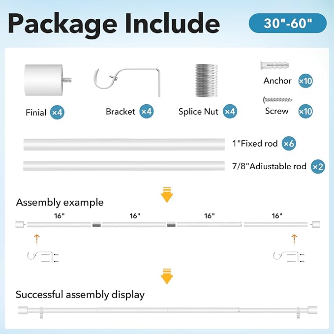 IFELS 2 Pack Heavy Duty Curtain Rods for Windows 28 to 48 Inch, 1 Inch White Curtain Rods Set of 2 Pack for Outdoor, Farmhouse, Bedroom, Adjustable Easy Install Curtain Rods (A2,White,30"-60"-2Pack)