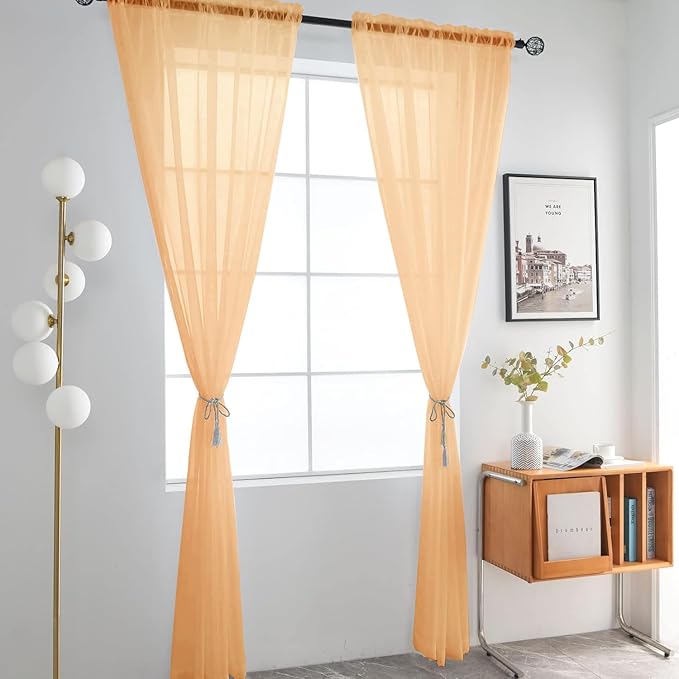SpaceDresser Sheer Voile Window Treatment Rod Pocket Curtain Panels for Kitchen Bedroom Living Room Drapes Sunlight Filtering Privacy Semi Home Decor Assorted Colors Sizes (Beige, 52 W x 90 L)