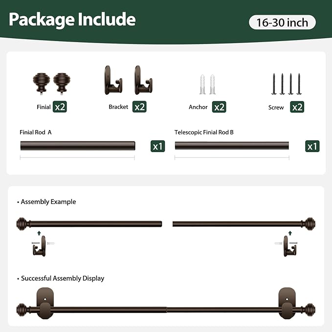 KAMANINA Curtain Rods No Drilling for Windows 16 to 30 Inches, 5/8 Inch Diameter Adjustable Telescoping Drapery Pole with Adhesive Brackets, Bronze
