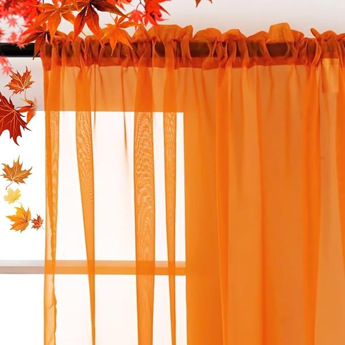 SpaceDresser Basic Rod Pocket Sheer Voile Window Curtain Panels Orange 2 Panels 52 Width 96 Inch Long for Kitchen Bedroom Children Living Room Yard(Orange,52 W x 96 L)
